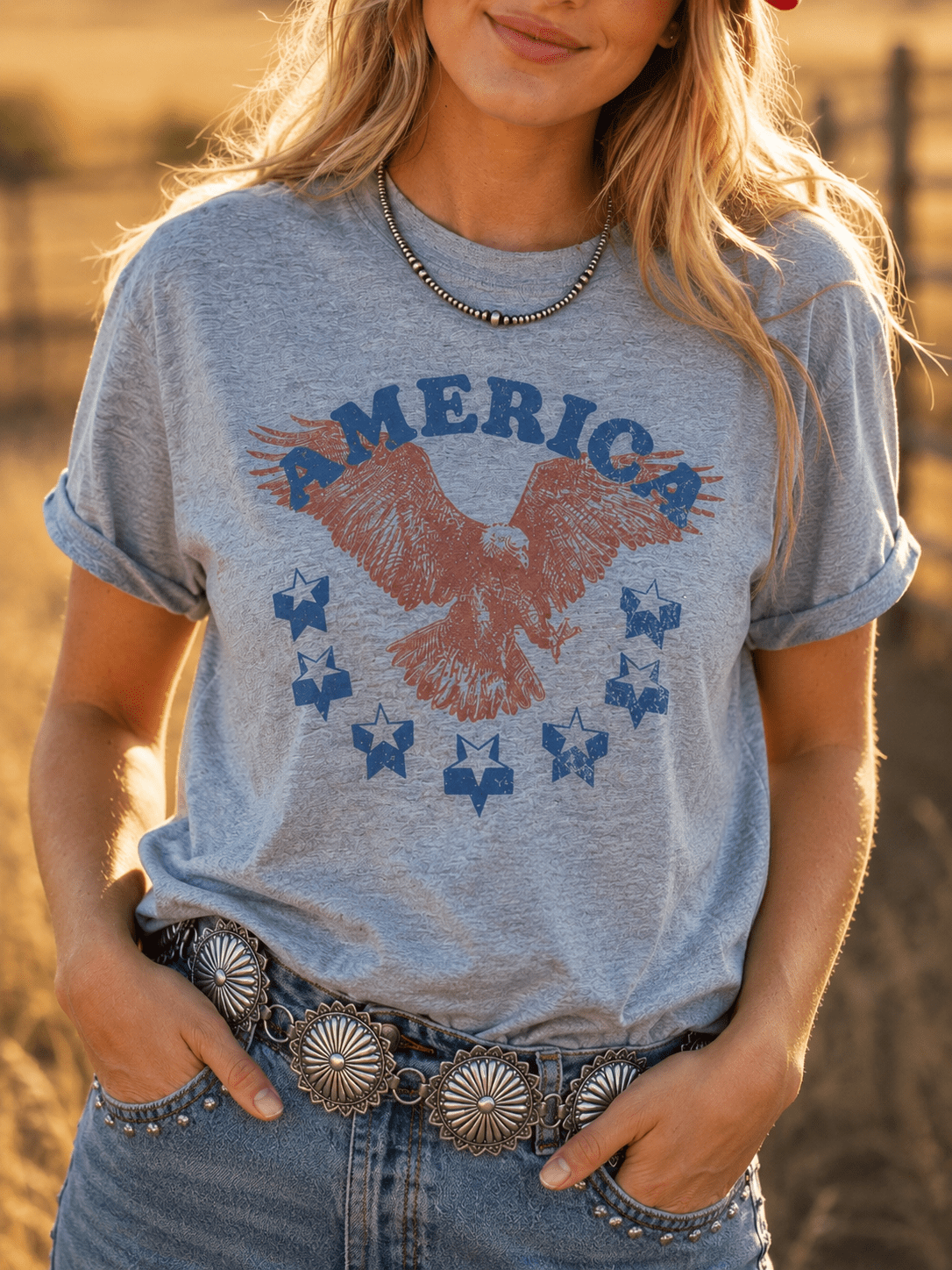 America Patriotic Eagle Graphic TeeLight Heather GreyS