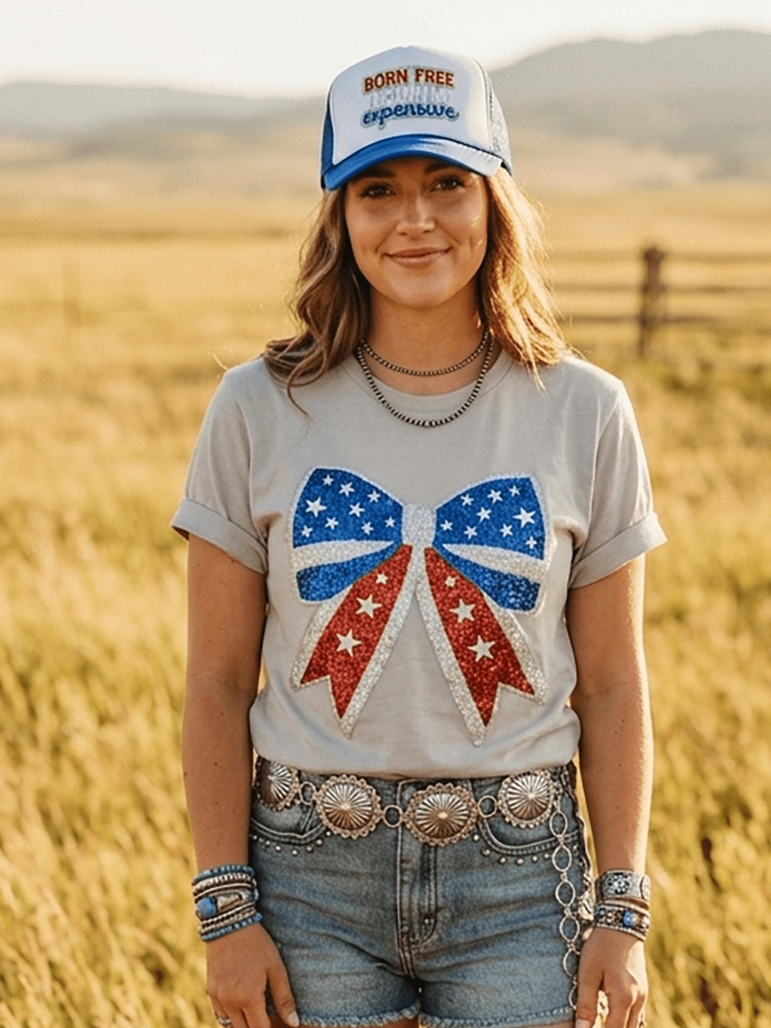 Americana Patriotic Bow Sequin Patch TeeCool GreyS