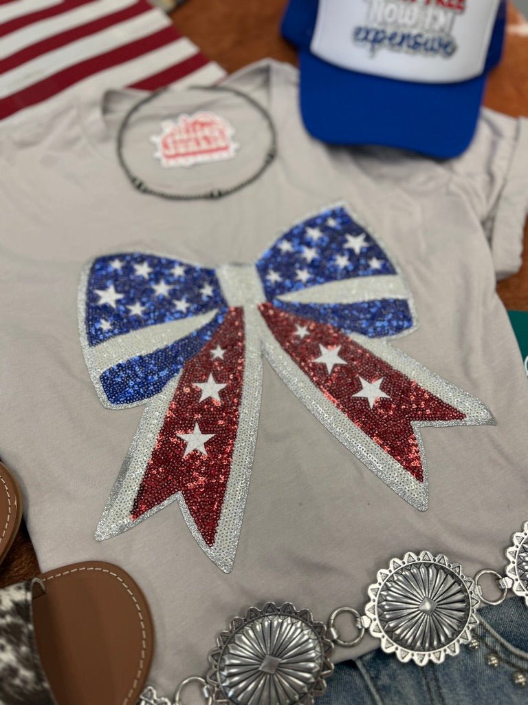 Americana Patriotic Bow Sequin Patch TeeCool GreyS
