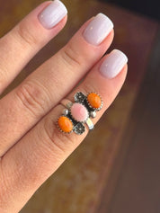 Authentic Flower Turquoise Trio Stone RingSpiny Oyster