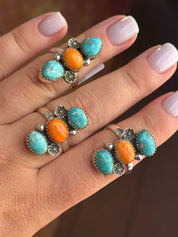 Authentic Flower Turquoise Trio Stone RingKingman