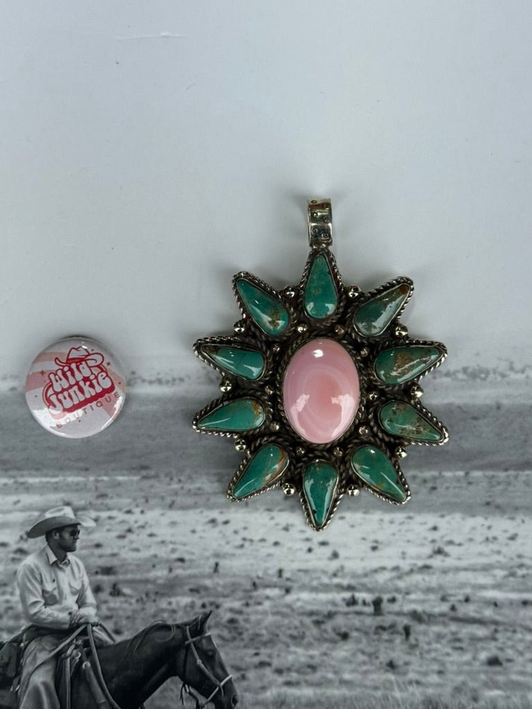 Authentic Pink Conch And Turquoise Floral Pendant