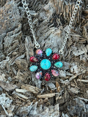 Authentic Wildflower Blossom Chain NecklaceTurq Center Multicolored Petals