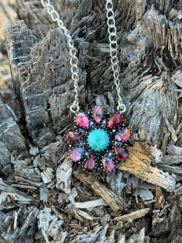 Authentic Wildflower Blossom Chain NecklaceTurq Center Dahlia Petals