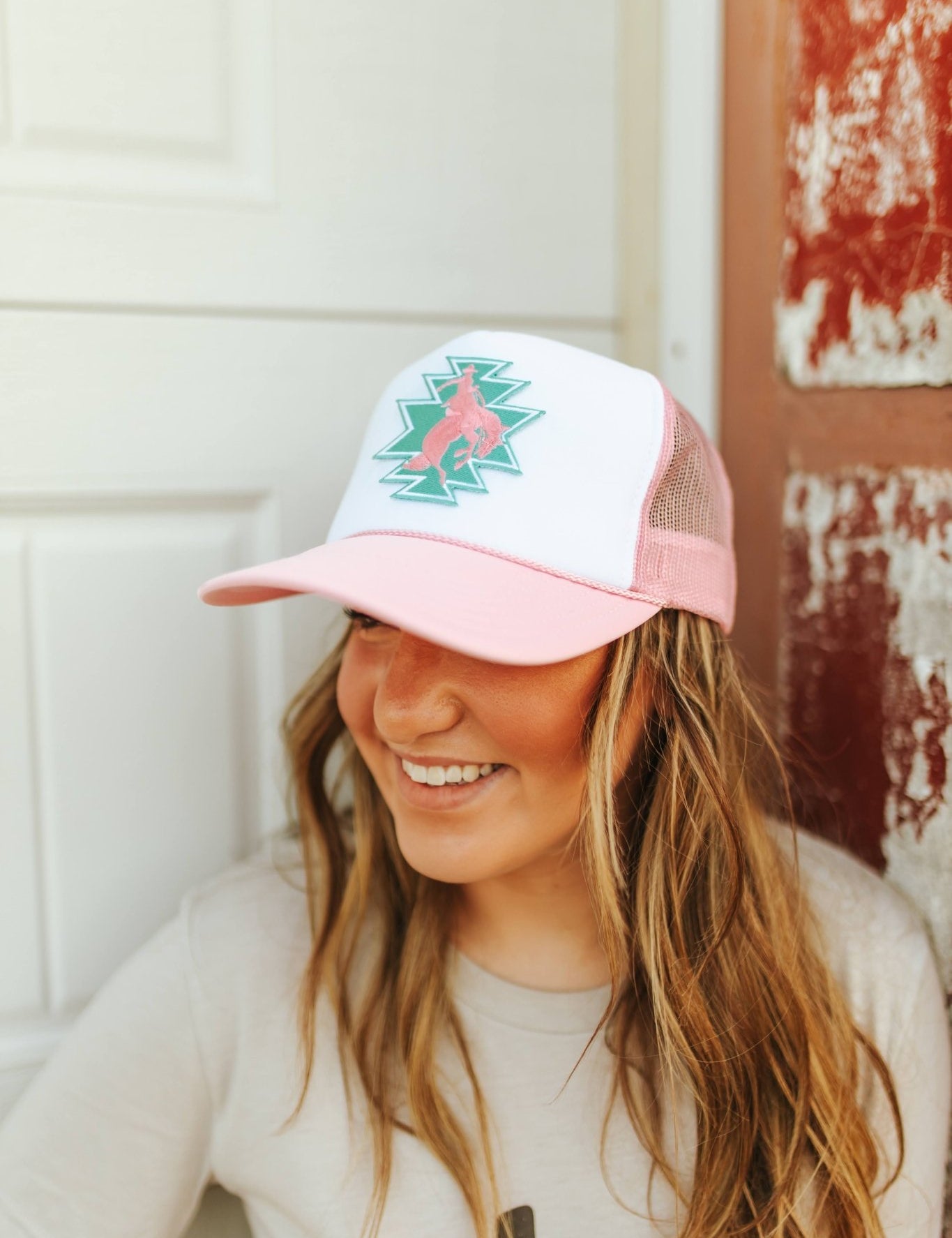 Aztec Bucking Bronco Patch Trucker HatPink & WhiteOS