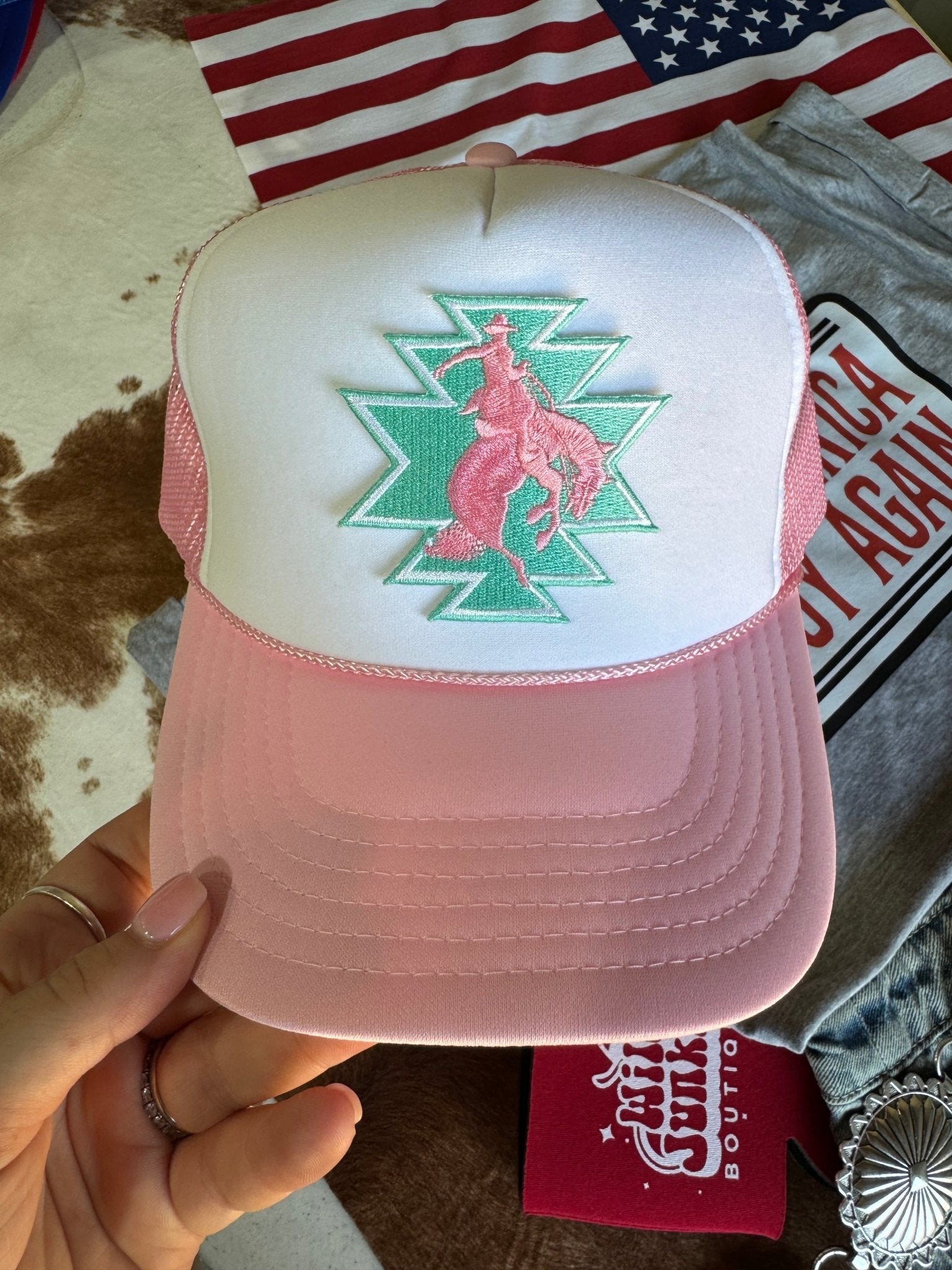 Aztec Bucking Bronco Patch Trucker HatPink &amp; WhiteOS