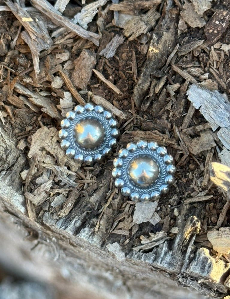 Beaded Halo Sterling Silver Post Earrings