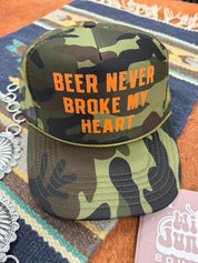 Beer Never Broke My Heart Camo Trucker Hat