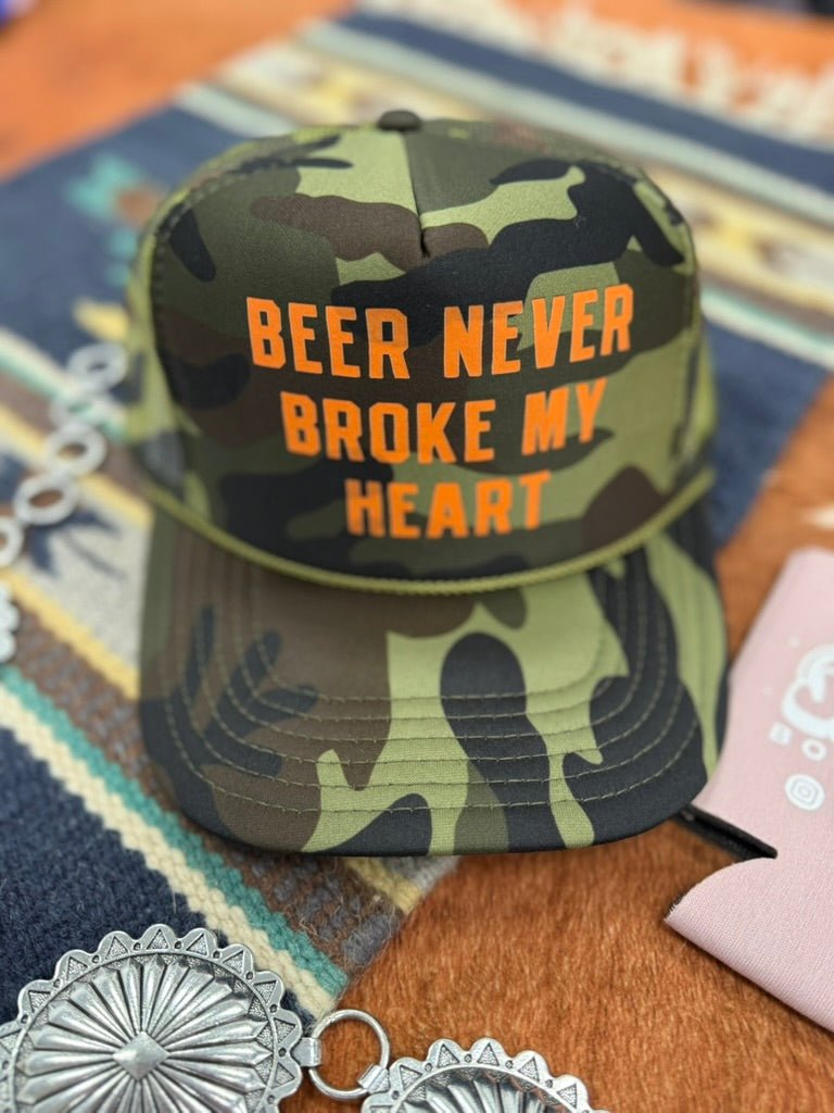 Beer Never Broke My Heart Camo Trucker Hat