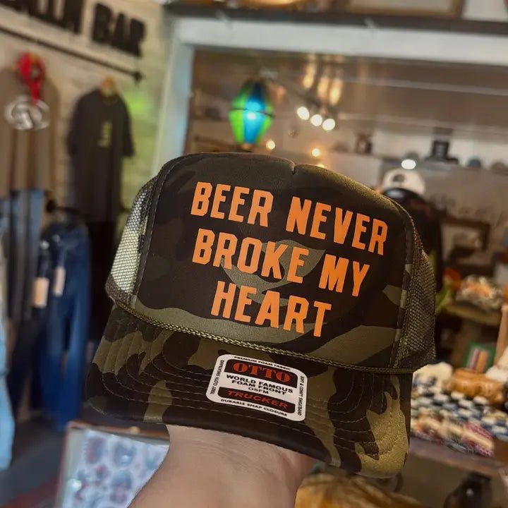 Beer Never Broke My Heart Camo Trucker Hat