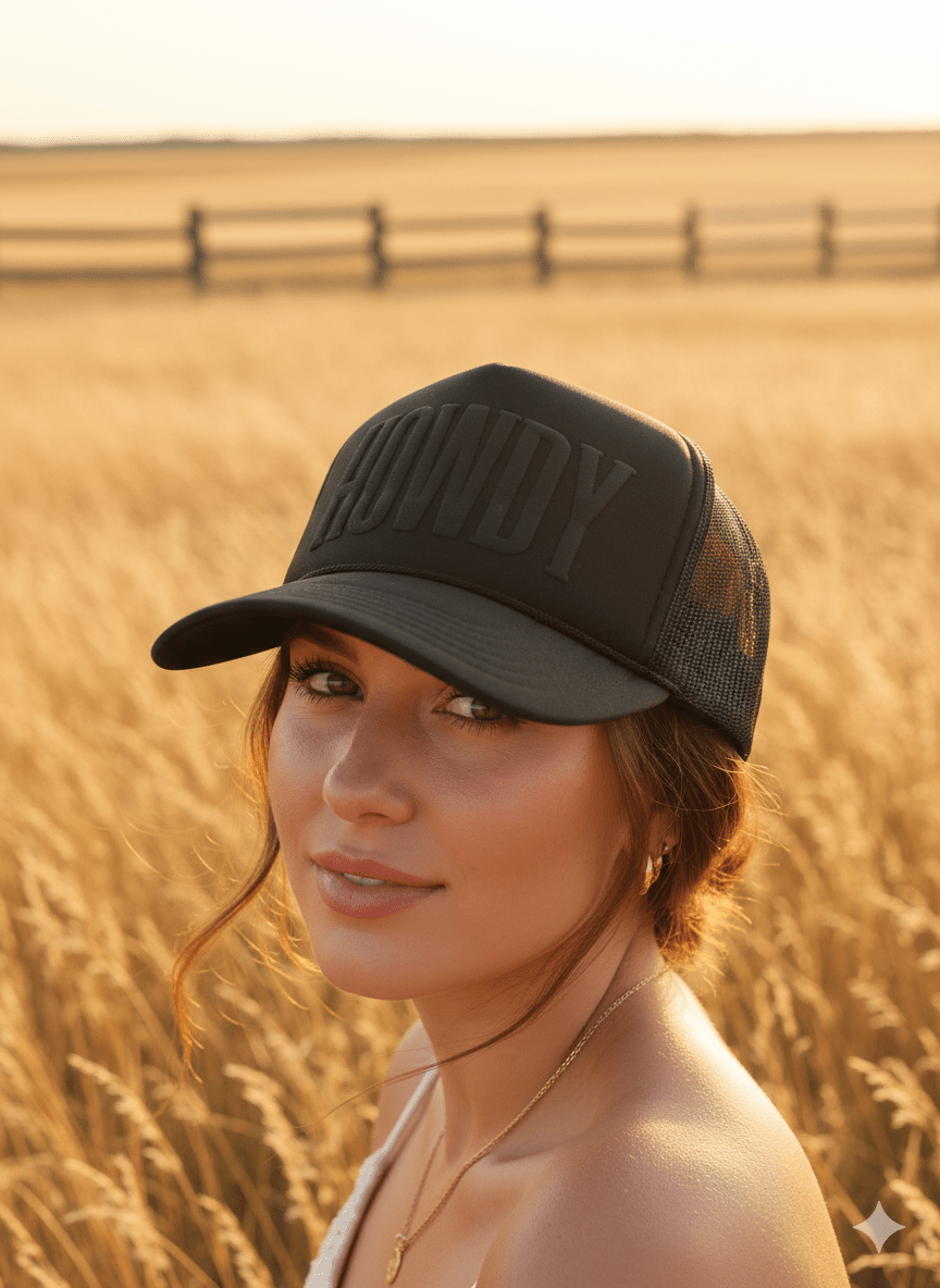 Black Howdy Puff Print Trucker Hat