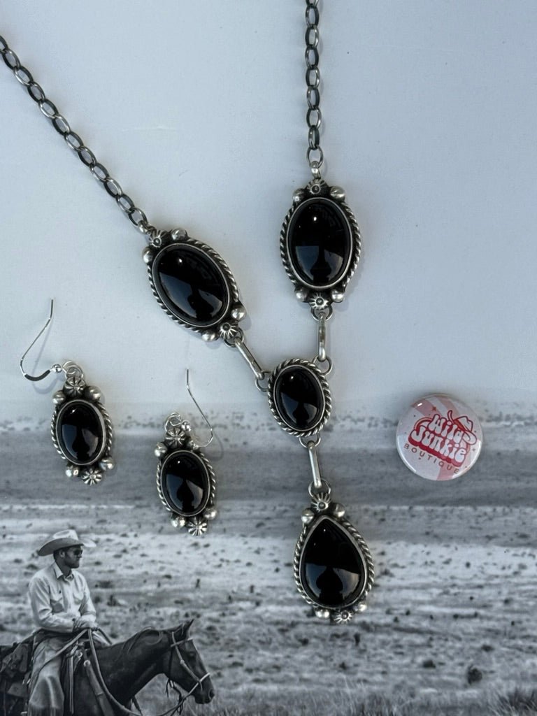 Black Onyx Lariat Necklace And Earrings Set