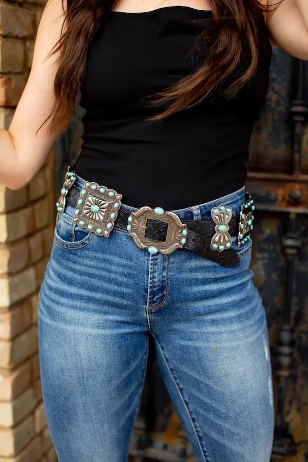 Black Ribbon Square Concho Genuine Leather BeltS