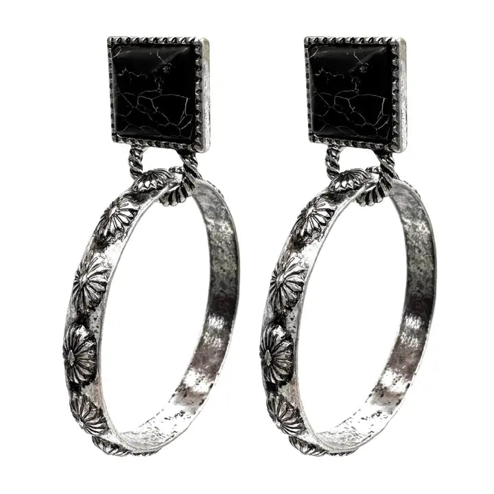 Black Turquoise Stone Hoop Earrings