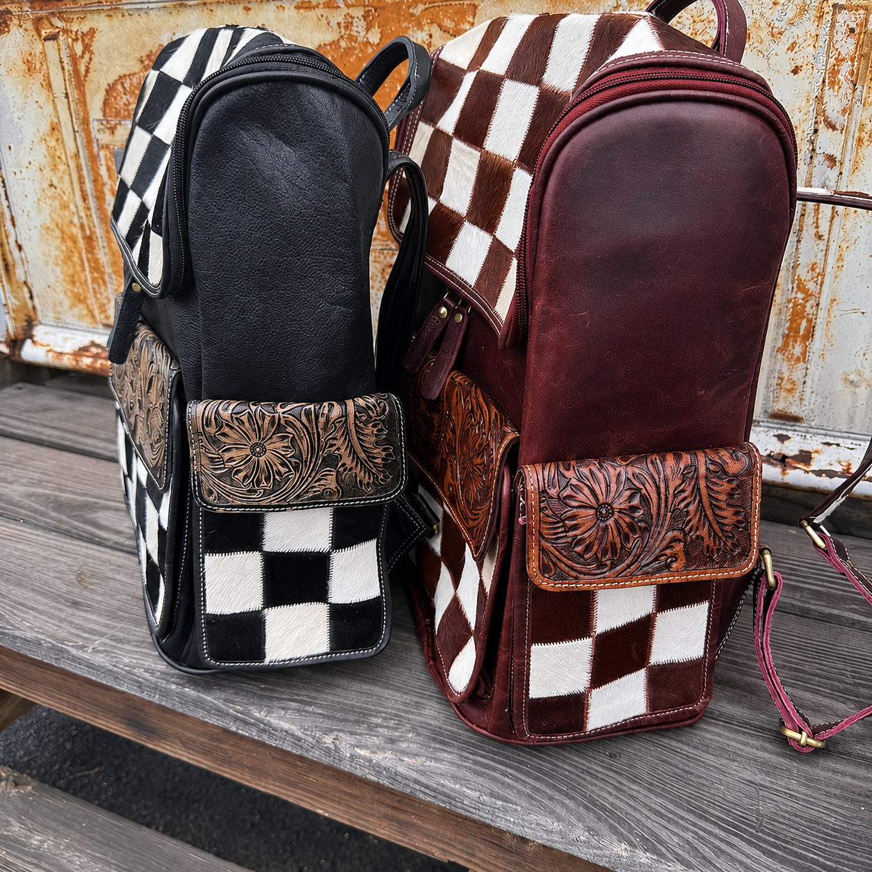 Cowhide Canyon Checkerboard Backpack - Brown