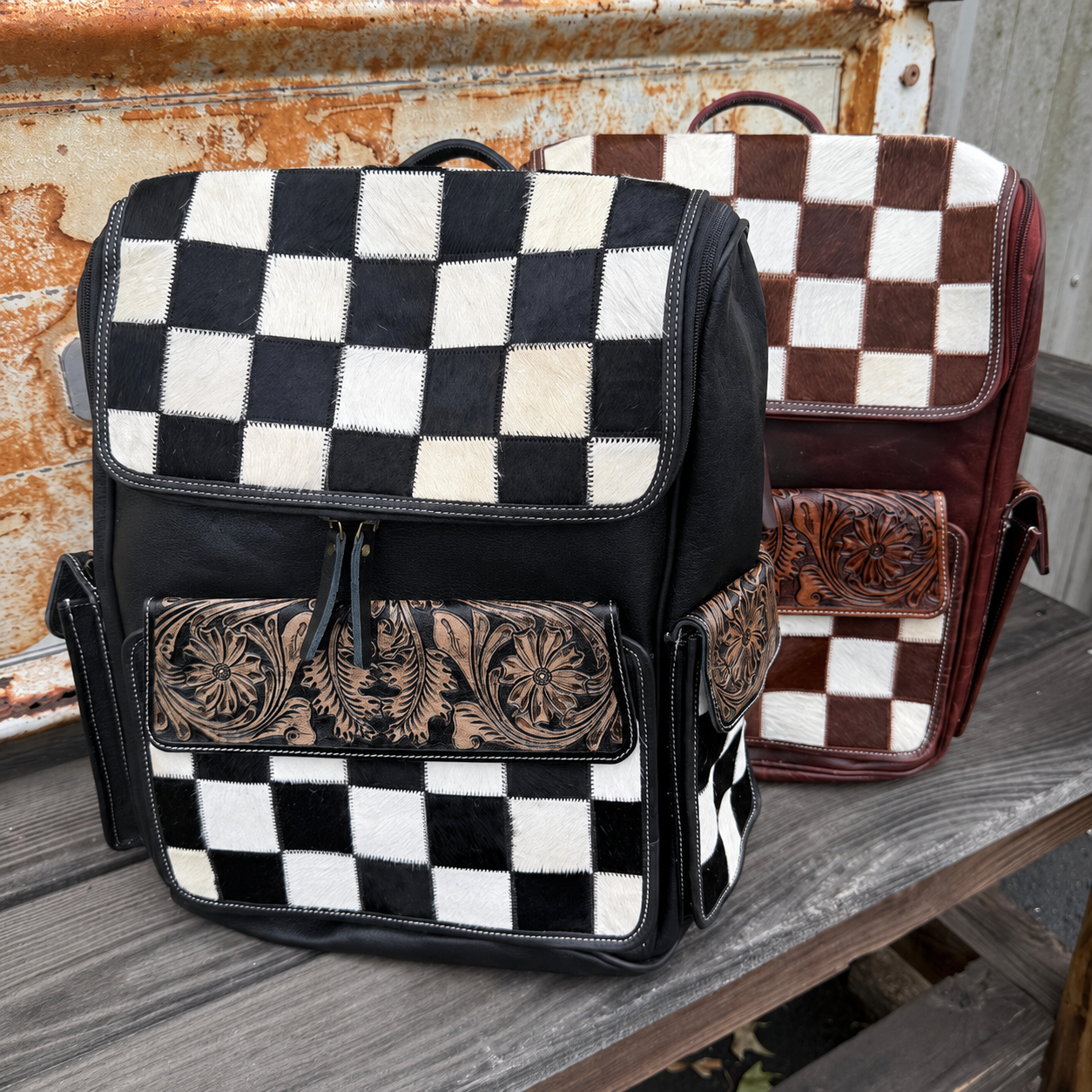 Cowhide Canyon Checkerboard Backpack - Black