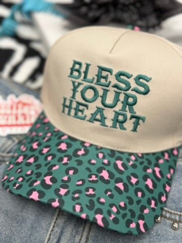 Bless Your Heart Teal Leopard Embroidered Trucker Hat