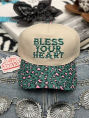 Bless Your Heart Teal Leopard Embroidered Trucker Hat