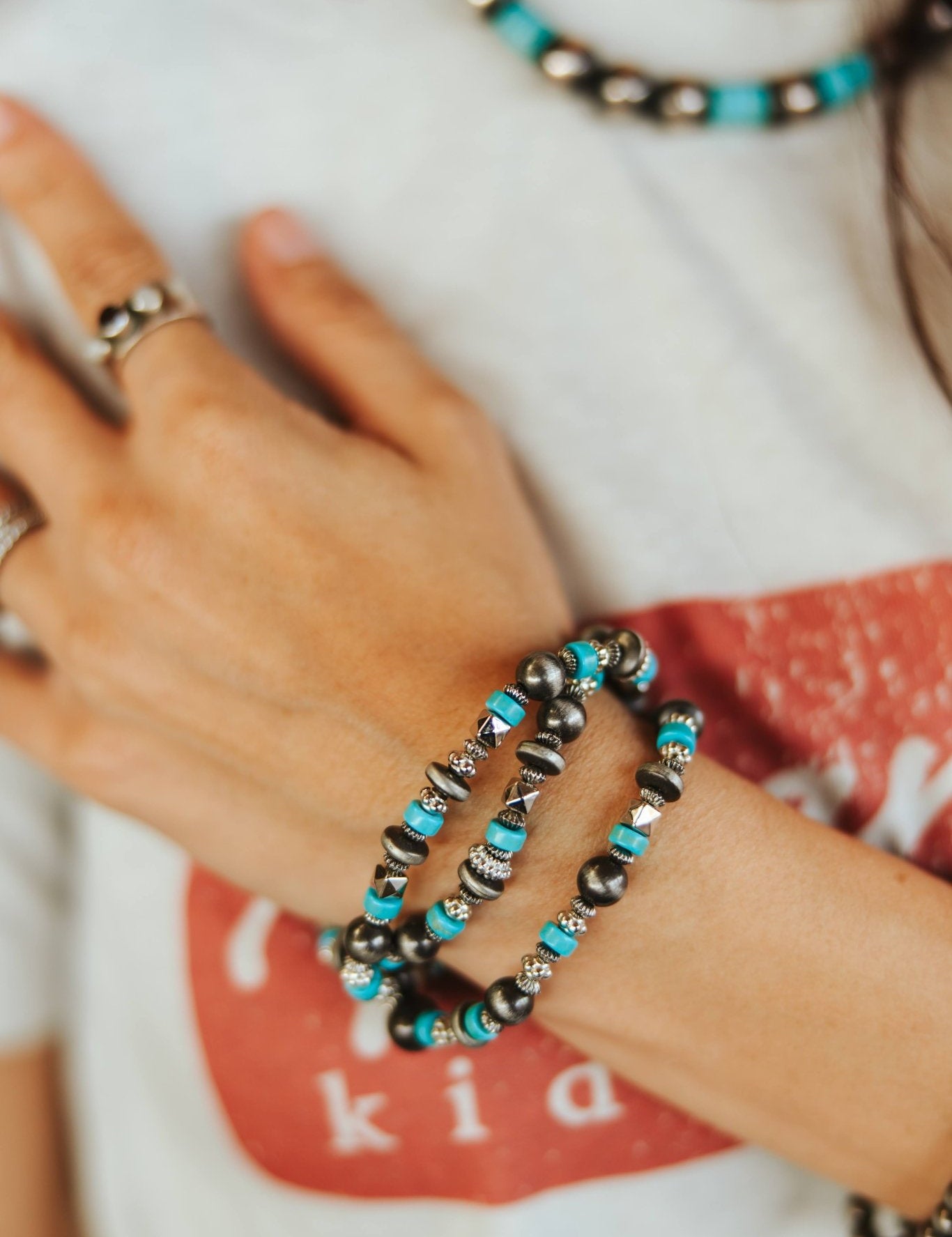 Boho Turquoise and Silver Beads Stretch Bracelet Stack