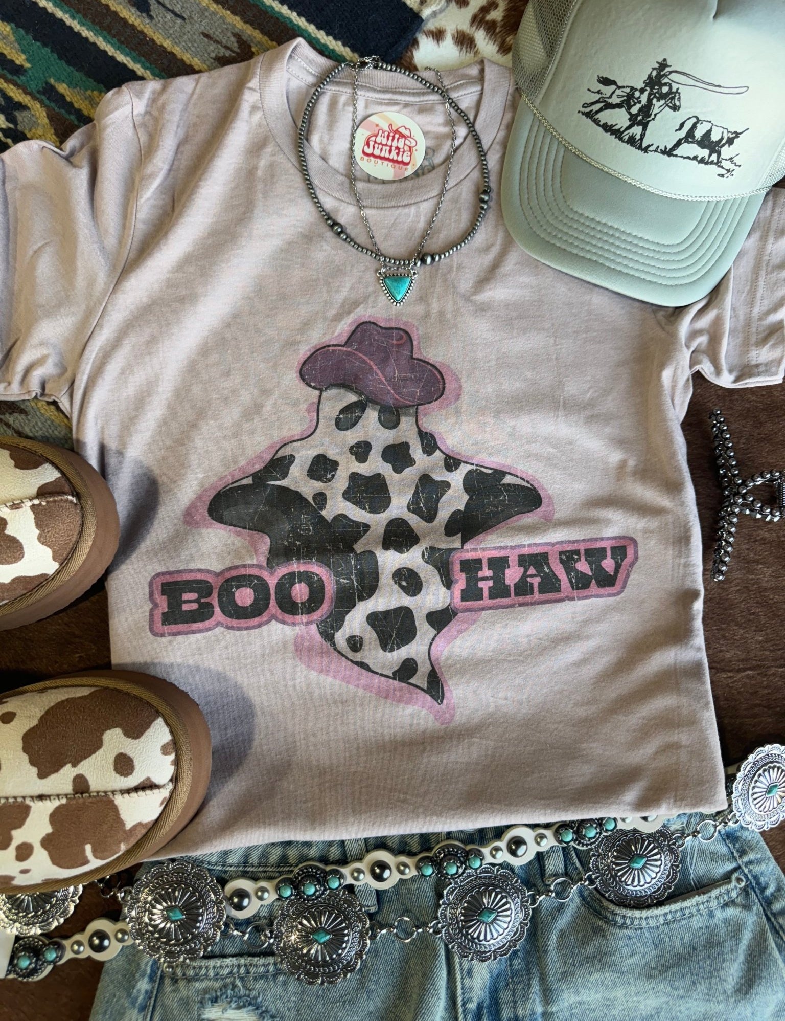 Boo Haw Ghost Halloween Graphic TeePink GravelS