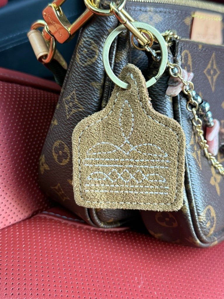 Boot Stitch Cattle Tag Leather Key ChainBrown