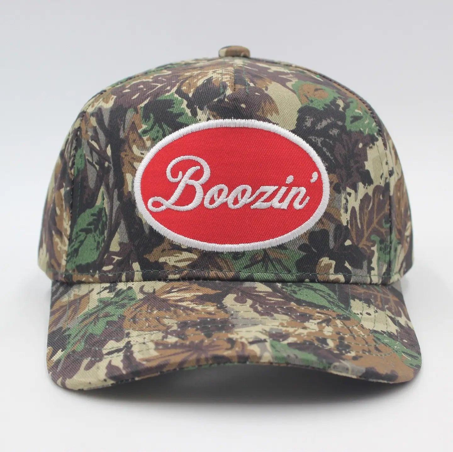 Boozin' Embroidered Tree Camo Trucker Hat