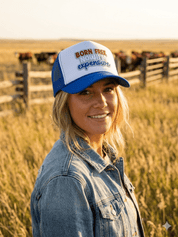 Born Free Now I'm Expensive Patch Trucker HatBlue and White