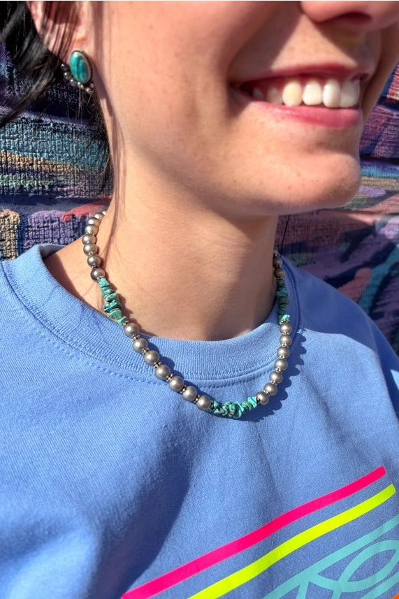 Turquoise Ridge Silver Beaded Necklace