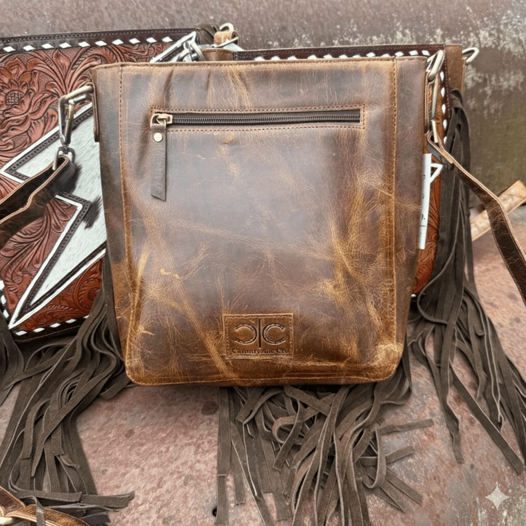 Bronco Tooled Leather Bolt Fringe Crossbody Bag