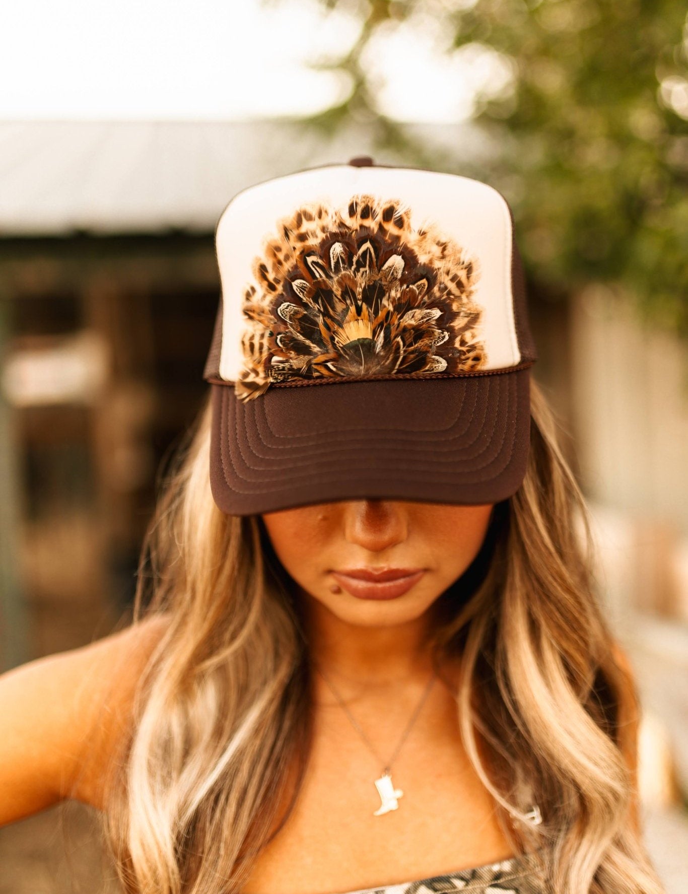 Brown Feather Trucker Hat