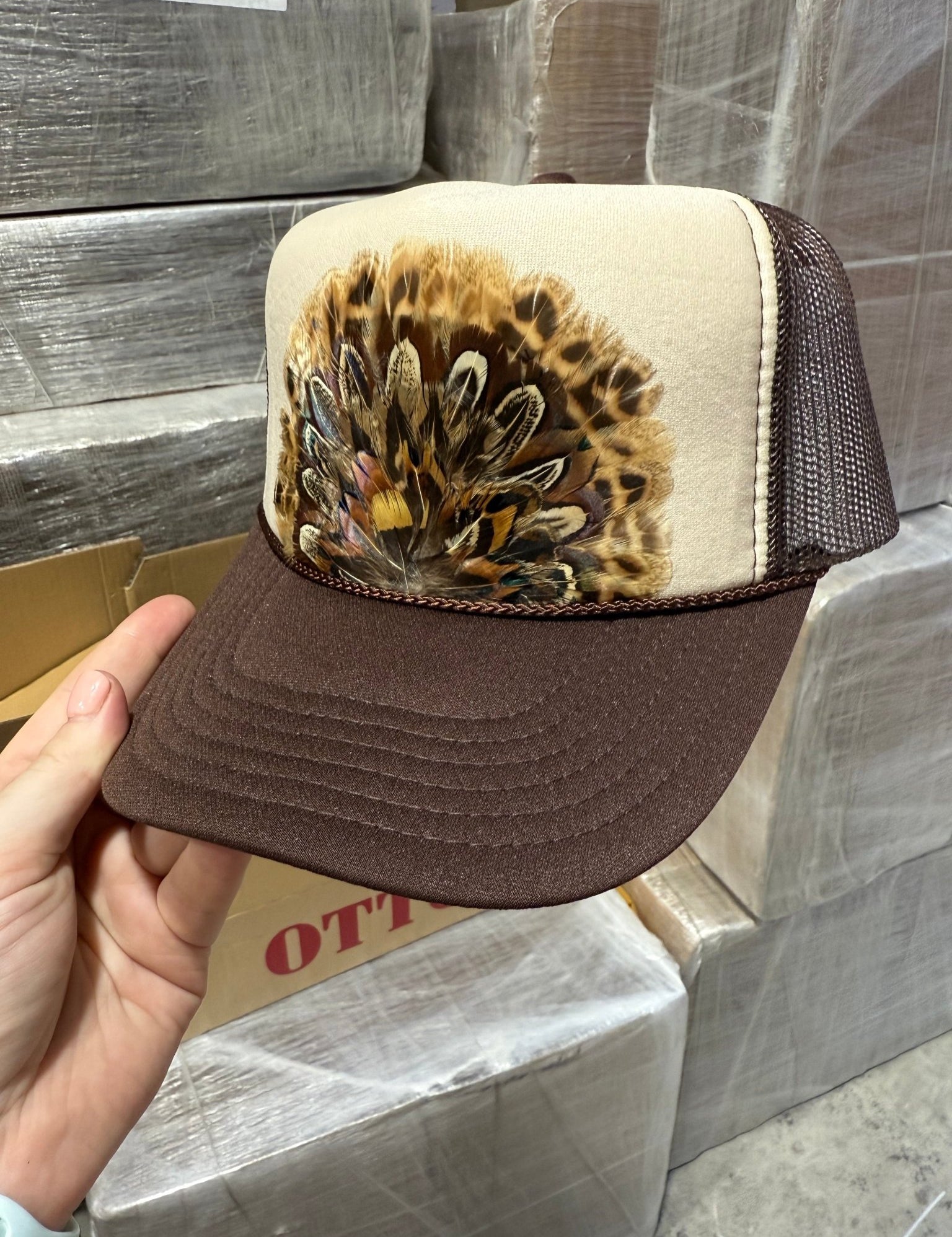 Brown Feather Trucker Hat