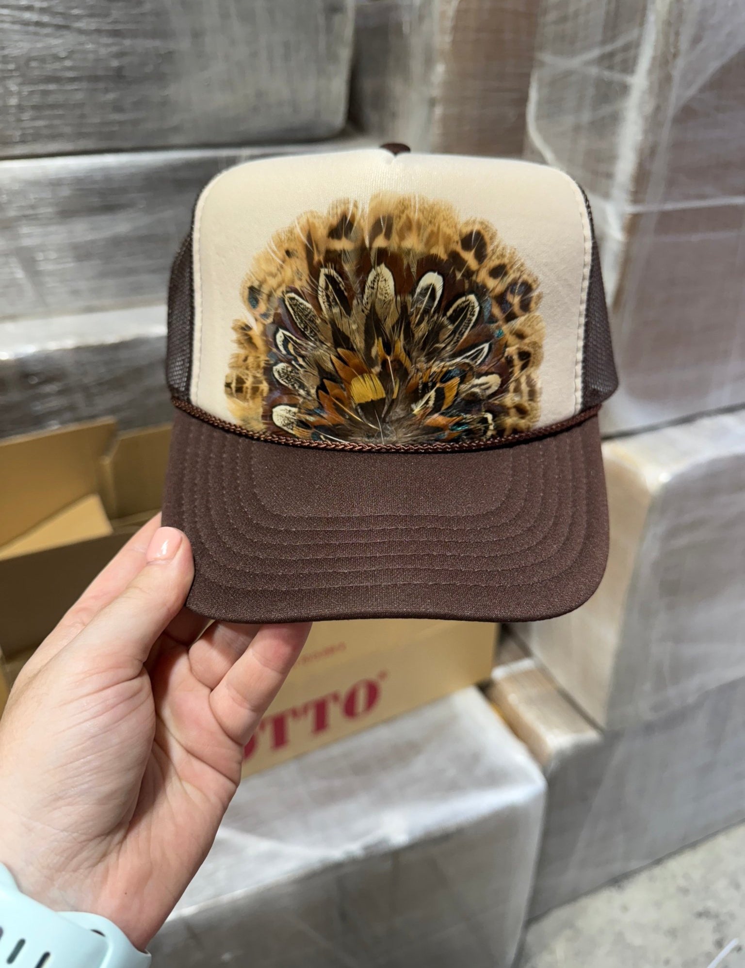 Brown Feather Trucker Hat