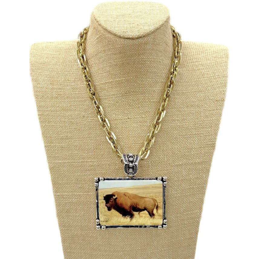 Buffalo Art Tile Gold Link Chain Necklace