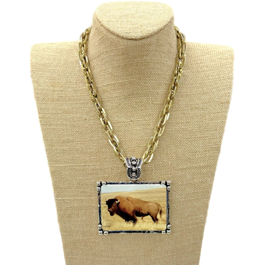 Buffalo Art Tile Gold Link Chain Necklace