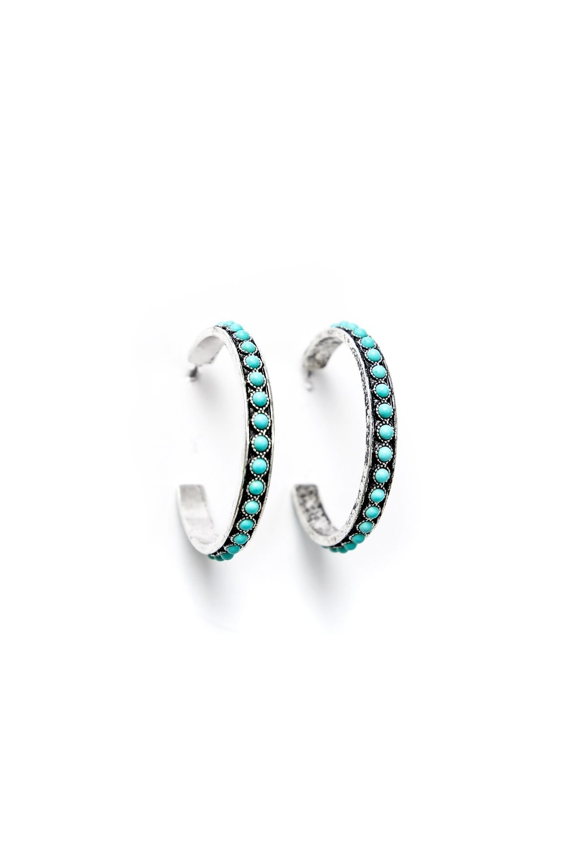 Burnished Silver and Turquoise Stone Hoop Earrings