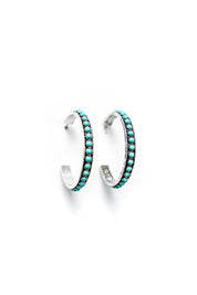Burnished Silver and Turquoise Stone Hoop Earrings