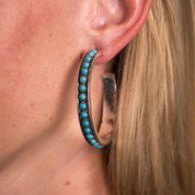 Burnished Silver and Turquoise Stone Hoop Earrings