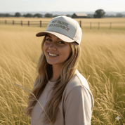 But Daddy He's A Cowboy Beige Embroidered Trucker Hat