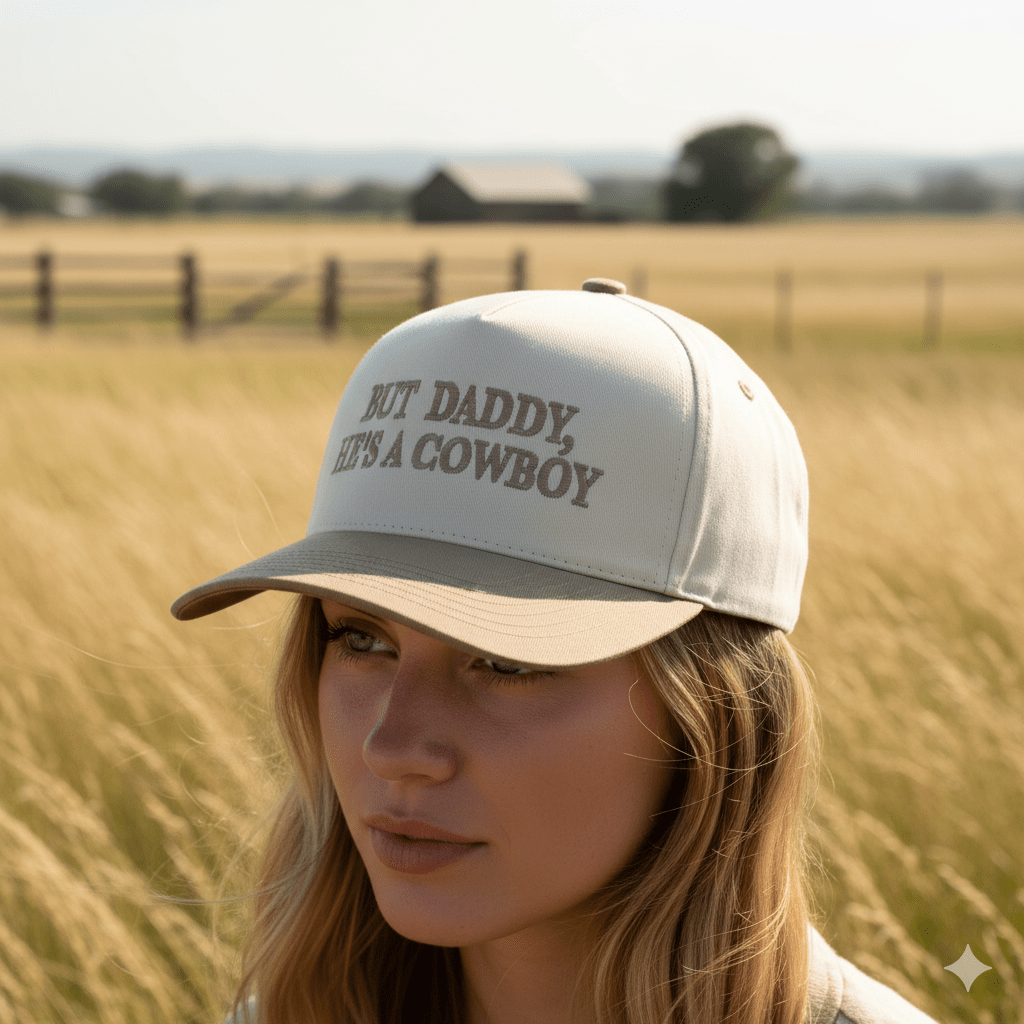 But Daddy He's A Cowboy Beige Embroidered Trucker Hat