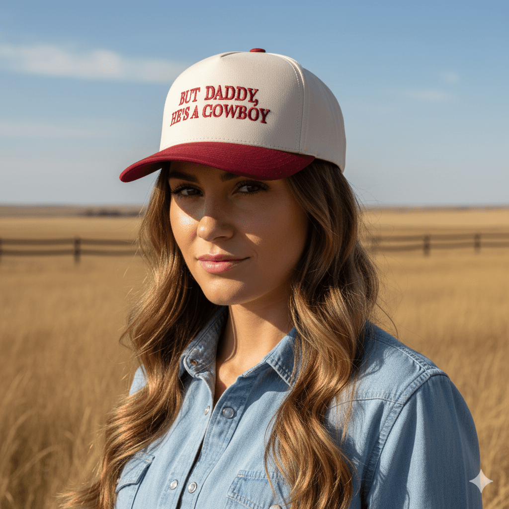 But Daddy He's A Cowboy Red Embroidered Trucker Hat