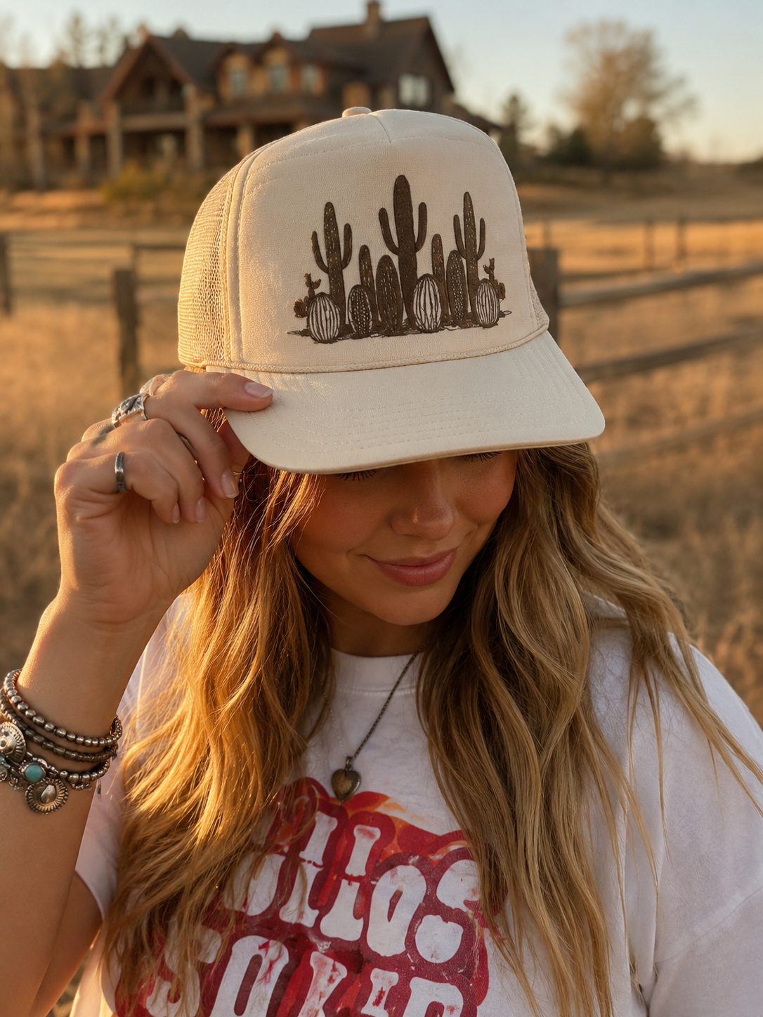 Western Cactus Garden Trucker HatTan