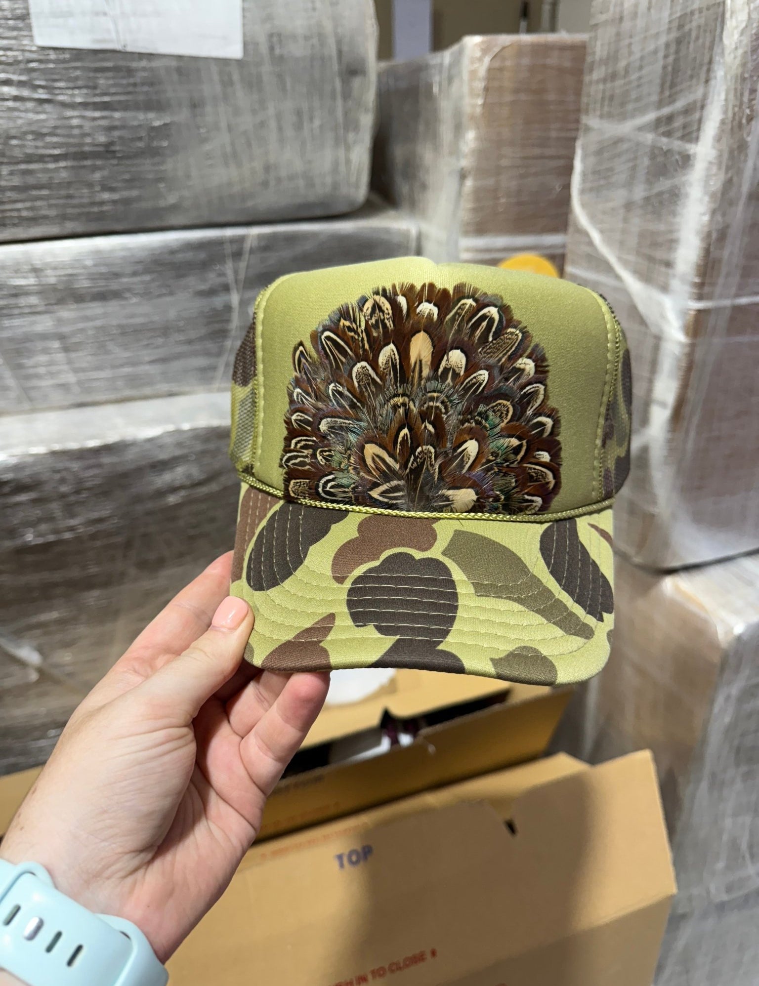 Camo Feather Trucker Hat