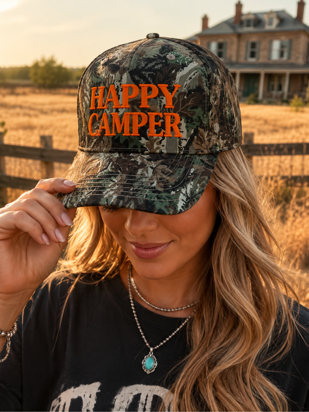 Happy Camper Tree Camo Embroidered Trucker HatCamo