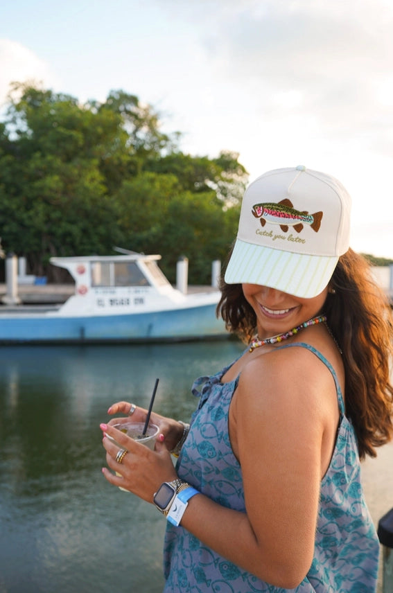 Catch You Later Striped Embroidered Trucker Hat
