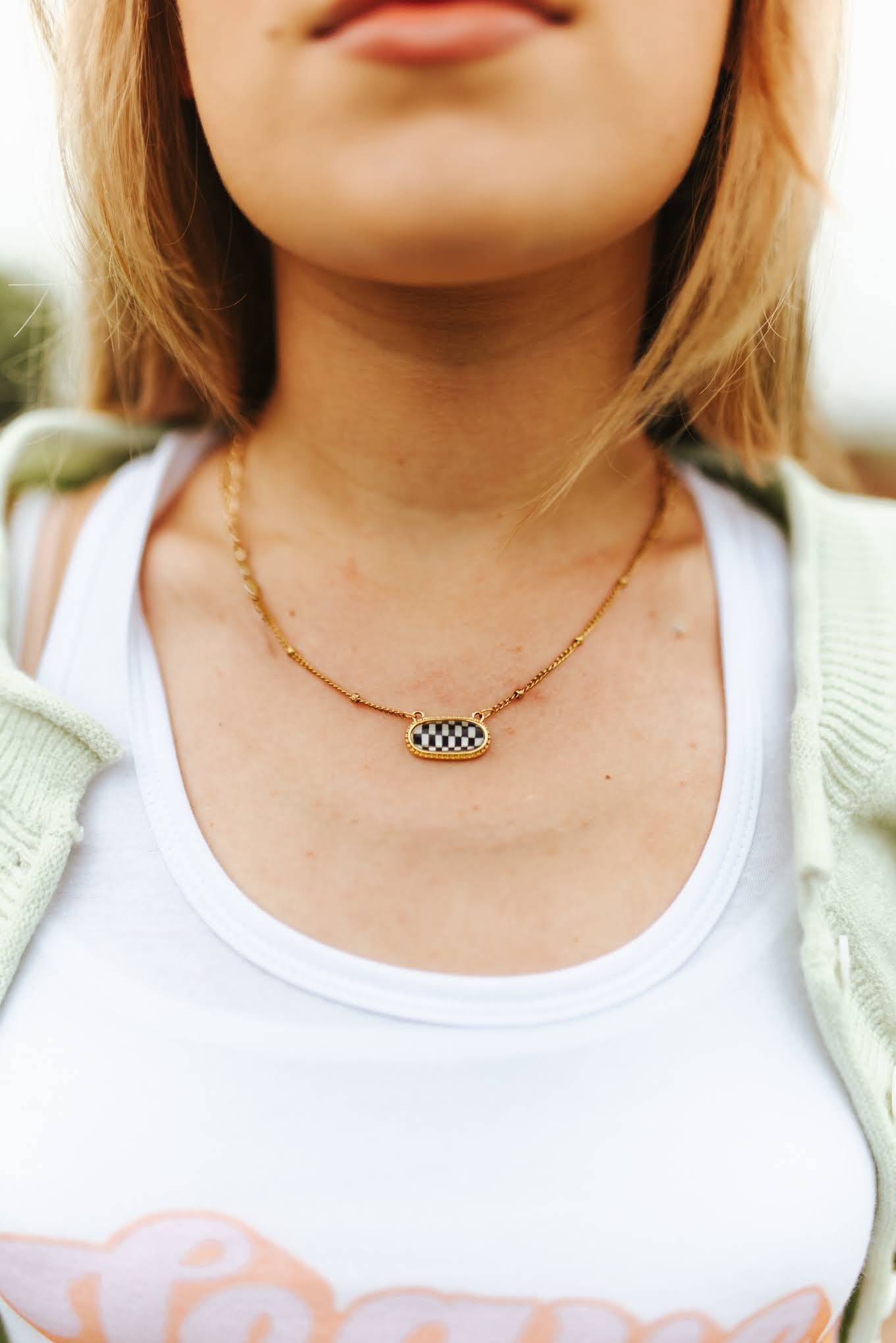 Checkerboard Gold Chain Necklace