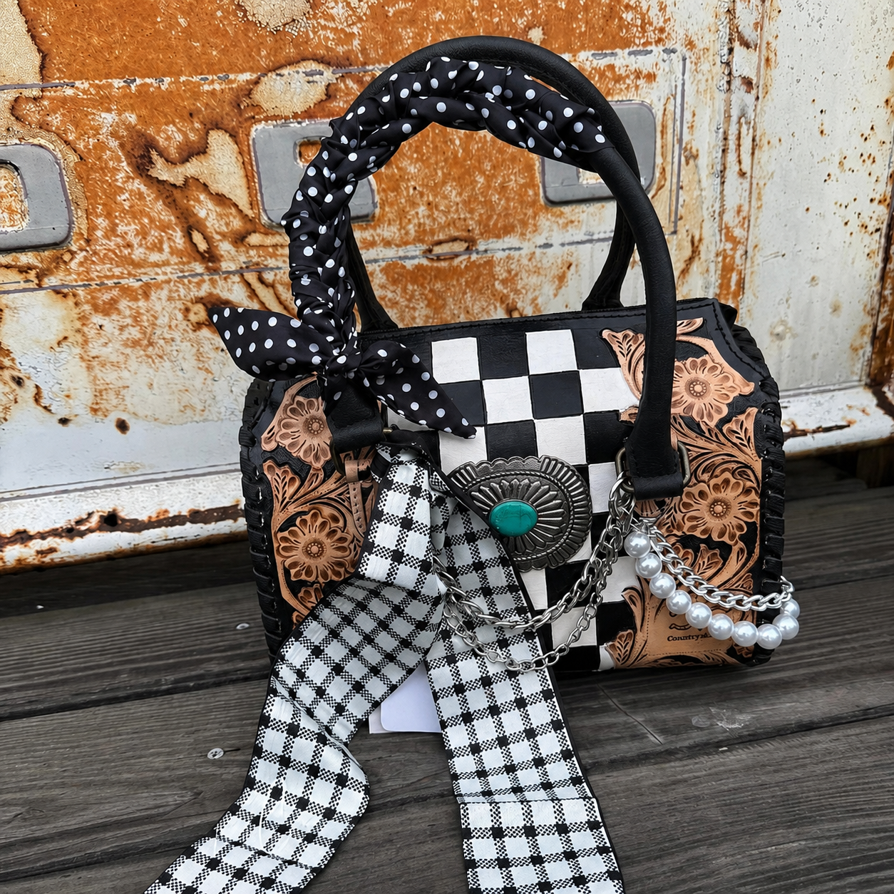Concho Tooled Leather Checkerboard Handbag