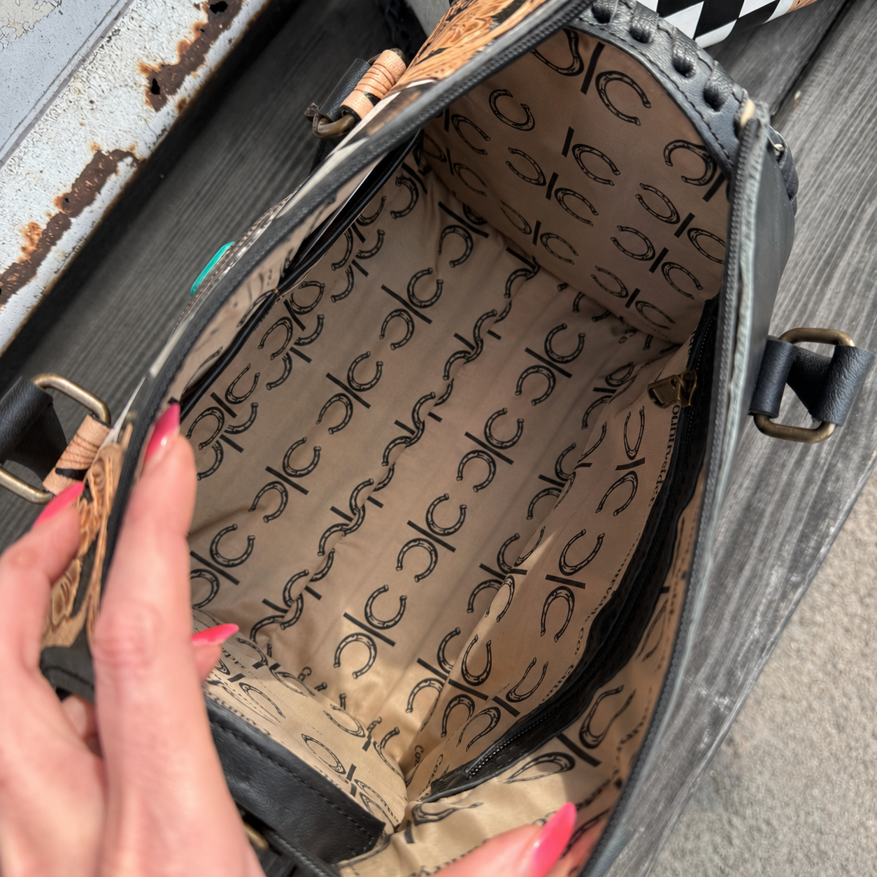 Concho Tooled Leather Checkerboard Handbag