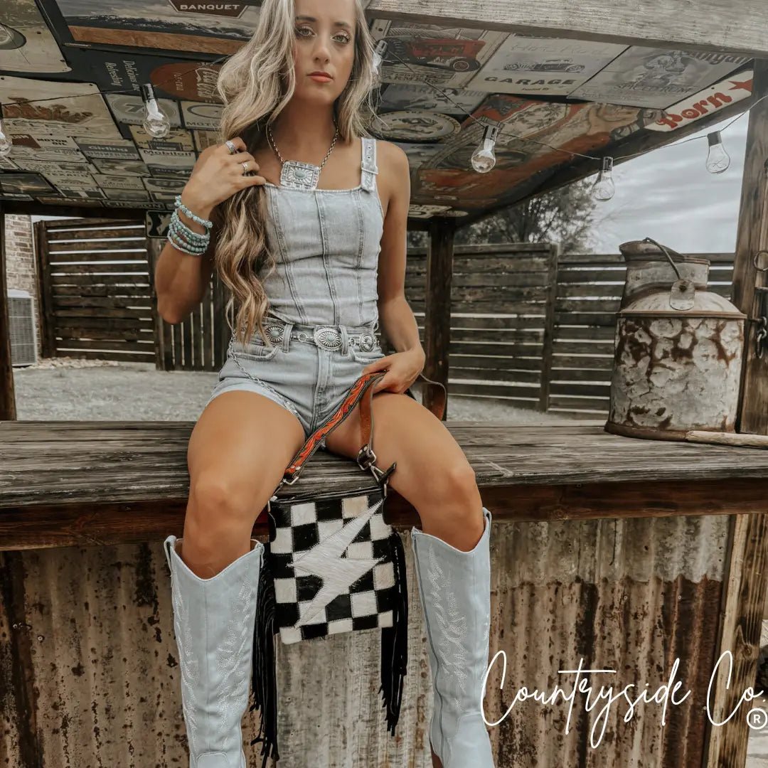 Checkered Bolt Fringe Crossbody Bag