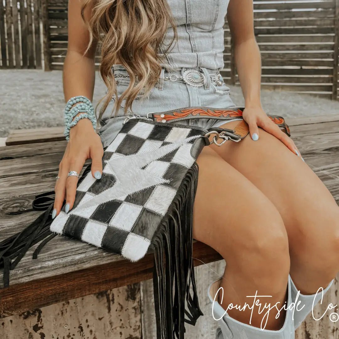 Checkered Bolt Fringe Crossbody Bag