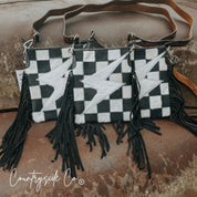 Checkered Bolt Fringe Crossbody Bag